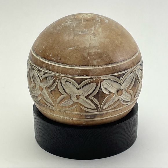 Carved Wooden Sphere Ball on Stand - Picture 7 of 9